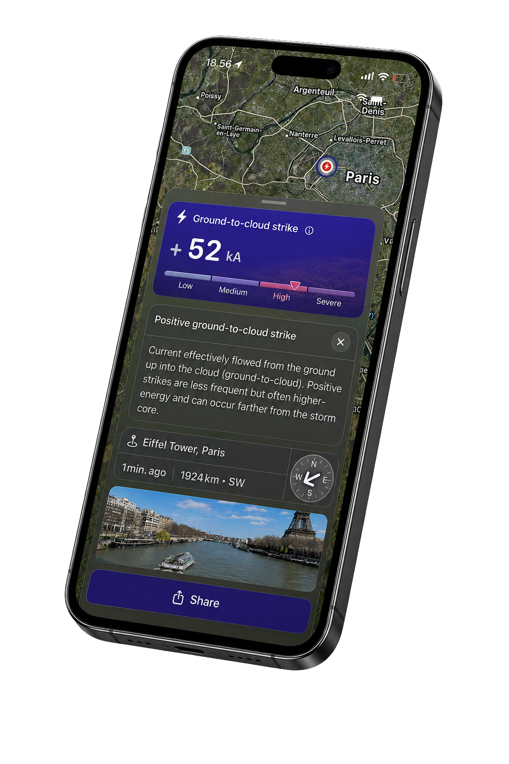 Lightning Alerts app showing a lightning strike detail on a map