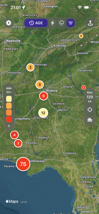 Live lightning map screen in Lightning Alerts