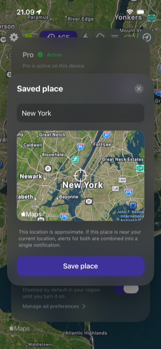 Saved-place alerts screen in Lightning Alerts