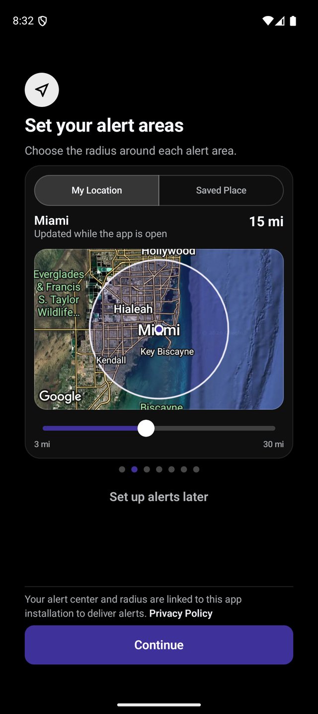 Saved-place alerts screen in Lightning Alerts