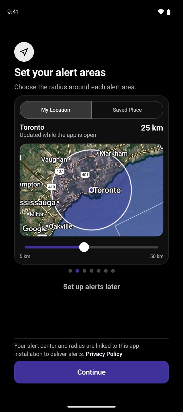 Alert setup screen with My Location and Saved Place tabs and a radius slider