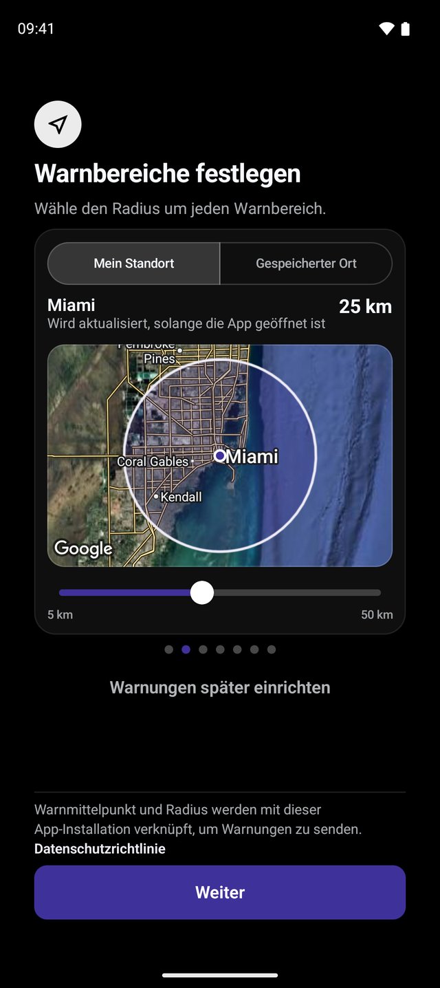Einrichtung der Warnungen mit den Tabs Mein Standort und Gespeicherter Ort und einem Regler für den Radius