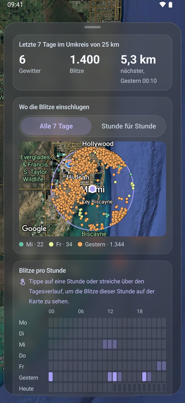 Blitzverlauf in Lightning Alerts: 6 Gewitter und 1.400 Blitze innerhalb von 25 km um „Mein Standort“ in Miami in den letzten 7 Tagen. Der nächstgelegene Blitz ist 5,3 km entfernt. Eine Karte zeigt, wo die Blitze einschlugen.