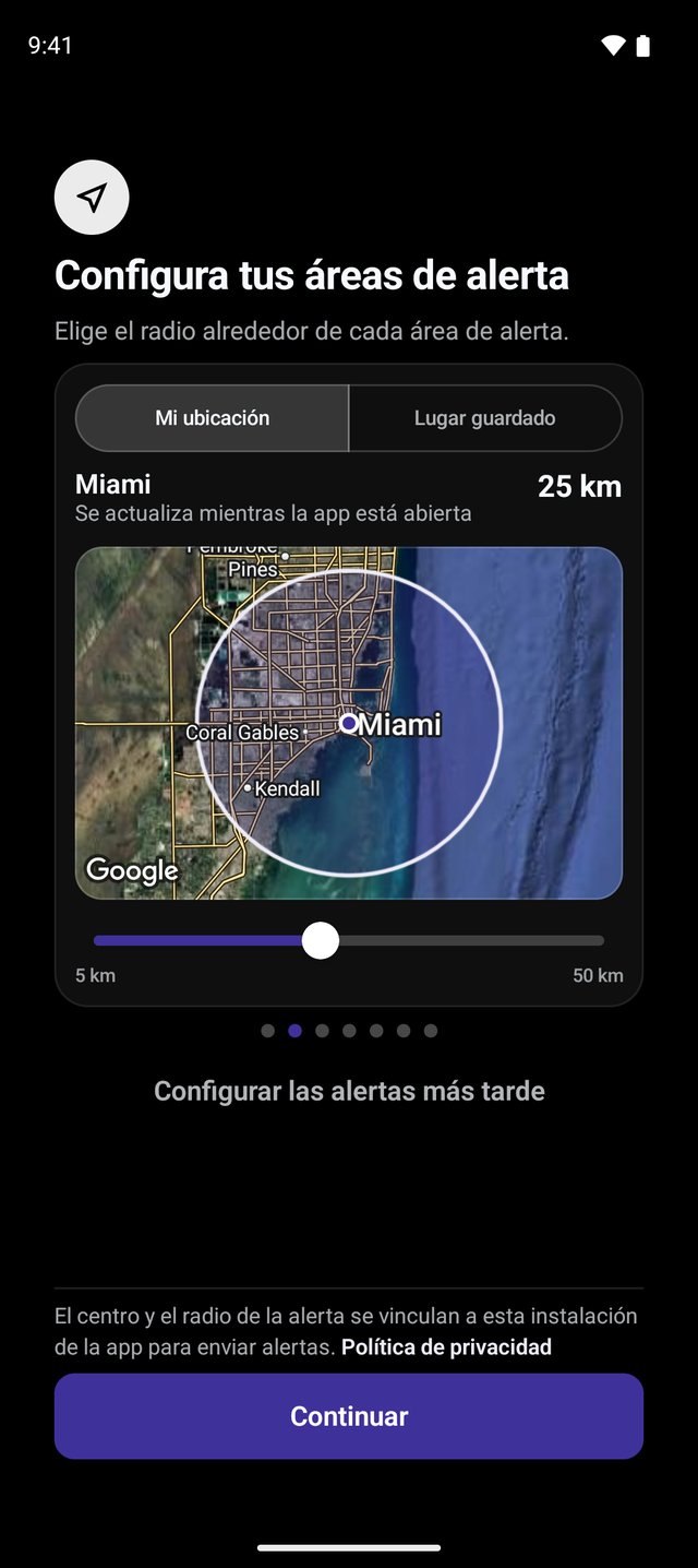 Configuración de alertas con las pestañas Mi ubicación y Lugar guardado y un control deslizante para el radio