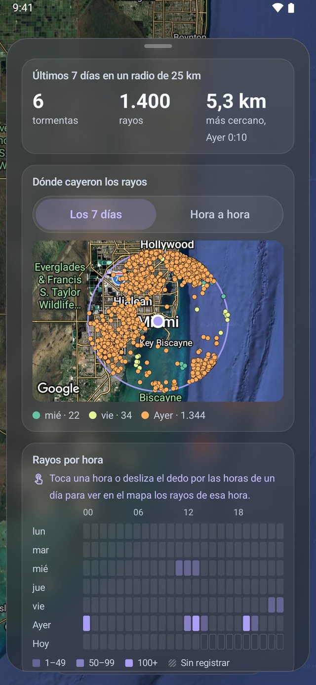 Historial de rayos en Lightning Alerts: 6 tormentas y 1400 rayos a menos de 25 km de Mi ubicación en Miami en los últimos 7 días, el más cercano a 5,3 km, con un mapa de dónde cayeron