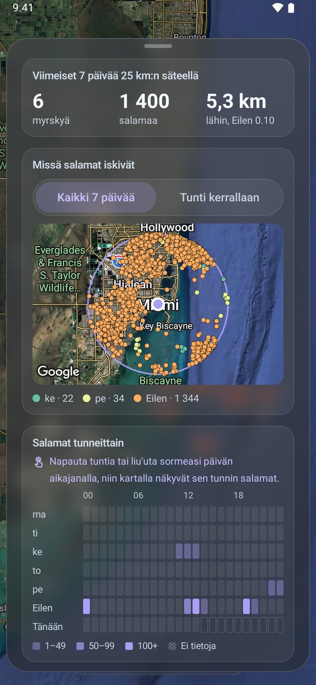 Salamahistoria Lightning Alertsissa: 6 myrskyä ja 1 400 salamaa 25 km:n säteellä Oma sijainti -kohteesta Miamissa viimeisten 7 päivän aikana, lähin 5,3 km:n päässä, ja kartta salamoiden iskupaikoista