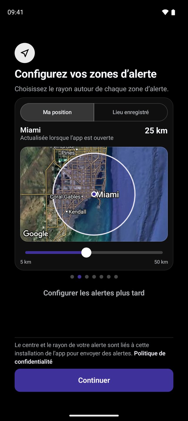Réglage des alertes avec les onglets Ma position et Lieu enregistré et un curseur pour le rayon