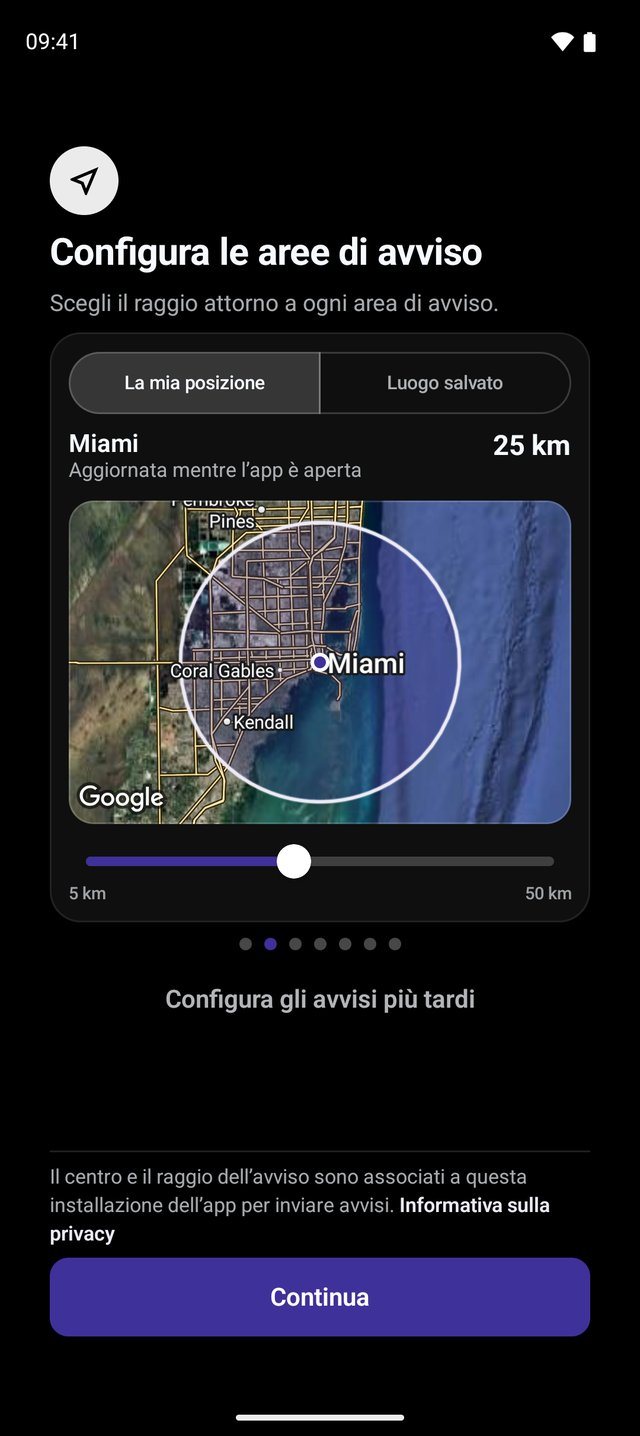 Configurazione degli avvisi con le schede La mia posizione e Luogo salvato e un cursore per il raggio