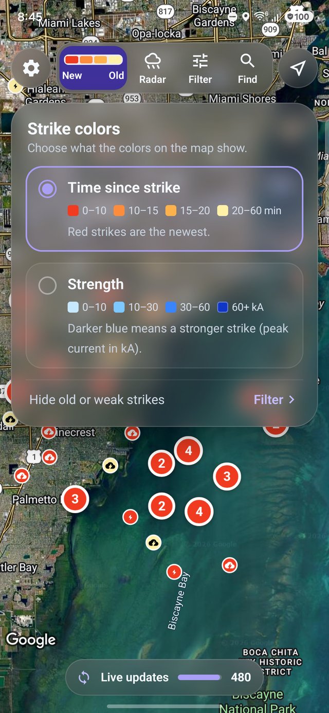 Panel Colores de los rayos de Lightning Alerts con Tiempo desde el rayo seleccionado y los minutos de cada color