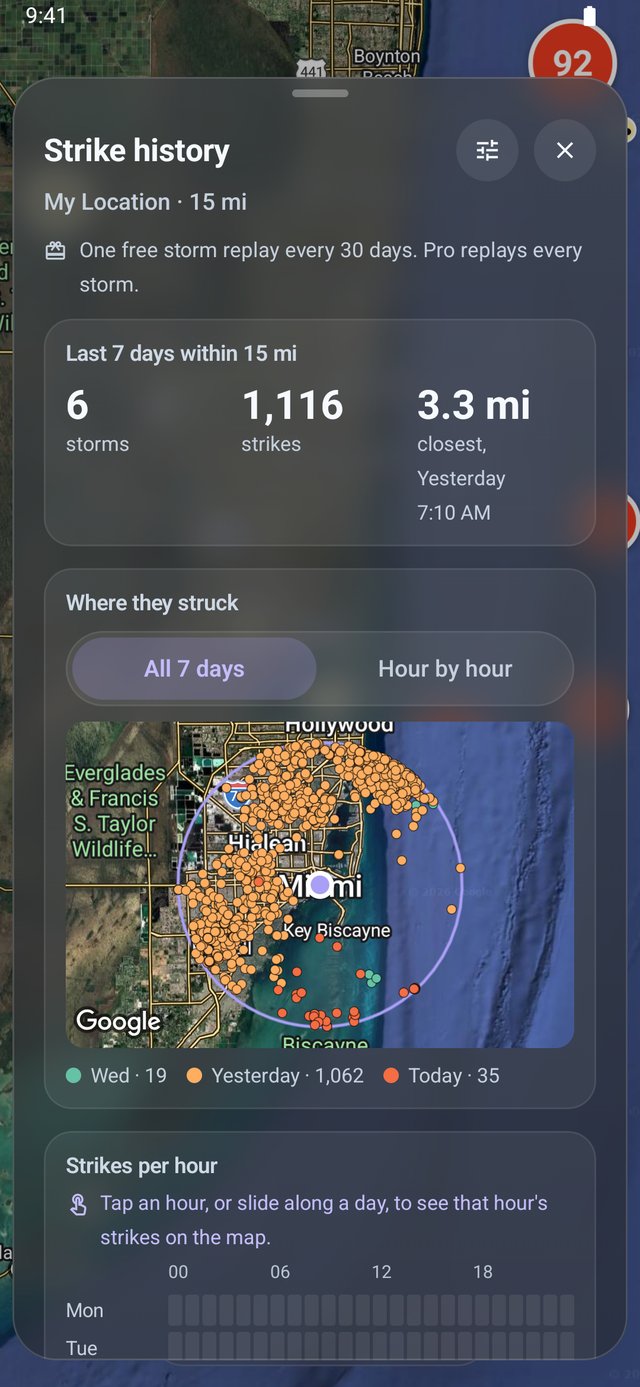 Strike history in Lightning Alerts: 6 storms and 1,116 strikes within 15 miles of My Location in Miami in the last 7 days, the closest 3.3 miles away, with a map of where they struck