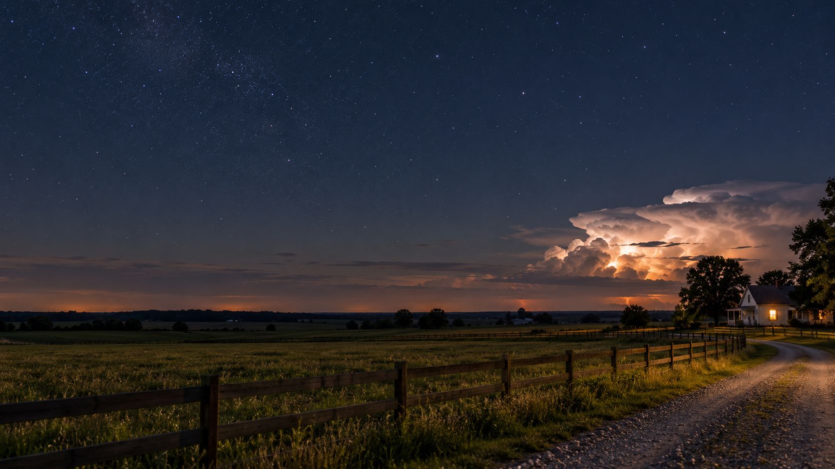 A distant thunderstorm on the horizon glows with lightning inside its clouds, seen at night across a fenced field from a farm road beside a farmhouse with lit windows