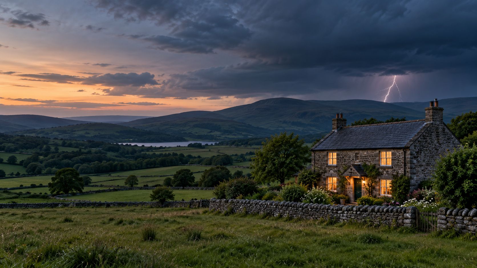 A stone cottage with lit windows behind a dry-stone wall in the British countryside, with lightning from a distant storm over green hills at dusk