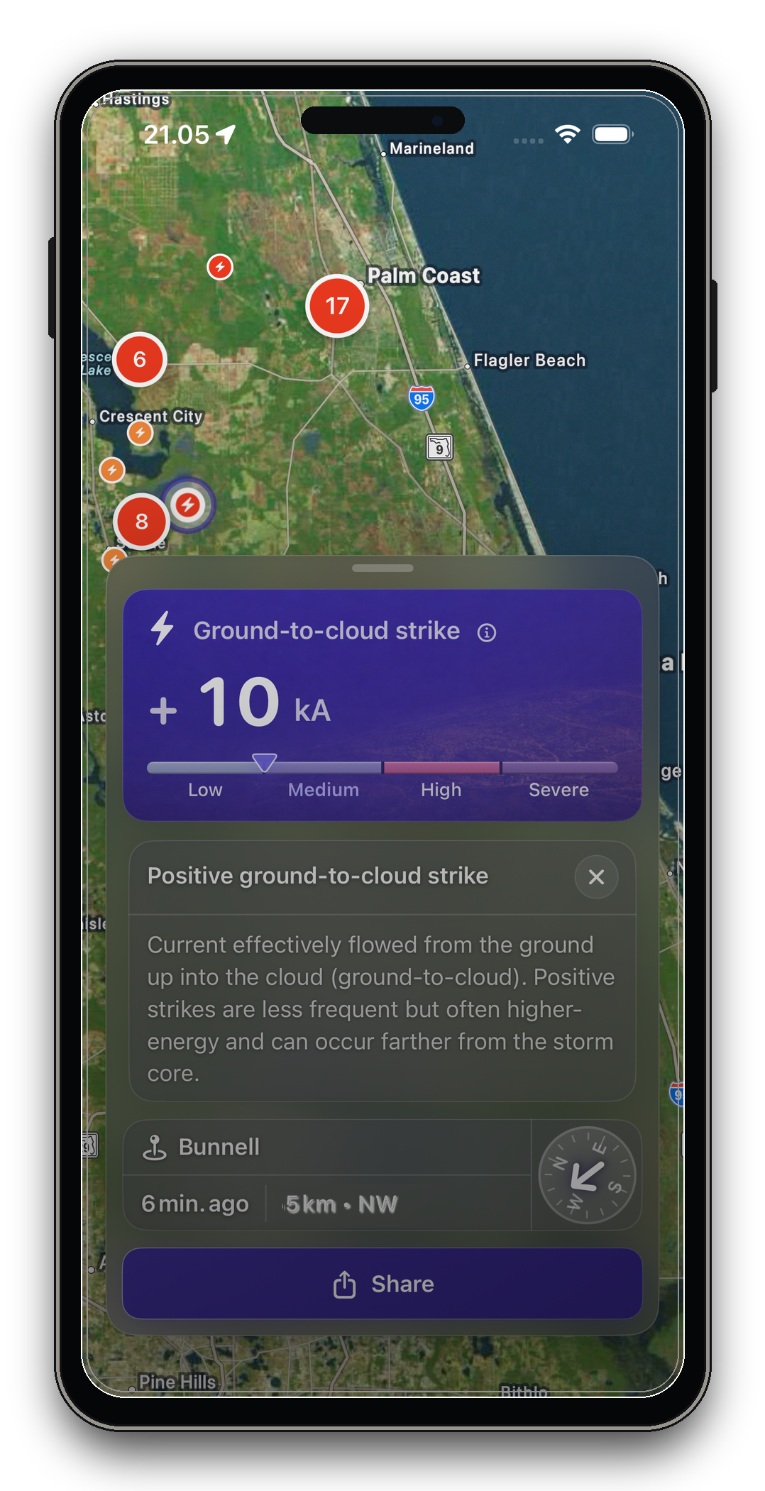 Lightning Alerts app showing nearby lightning strikes and strike details
